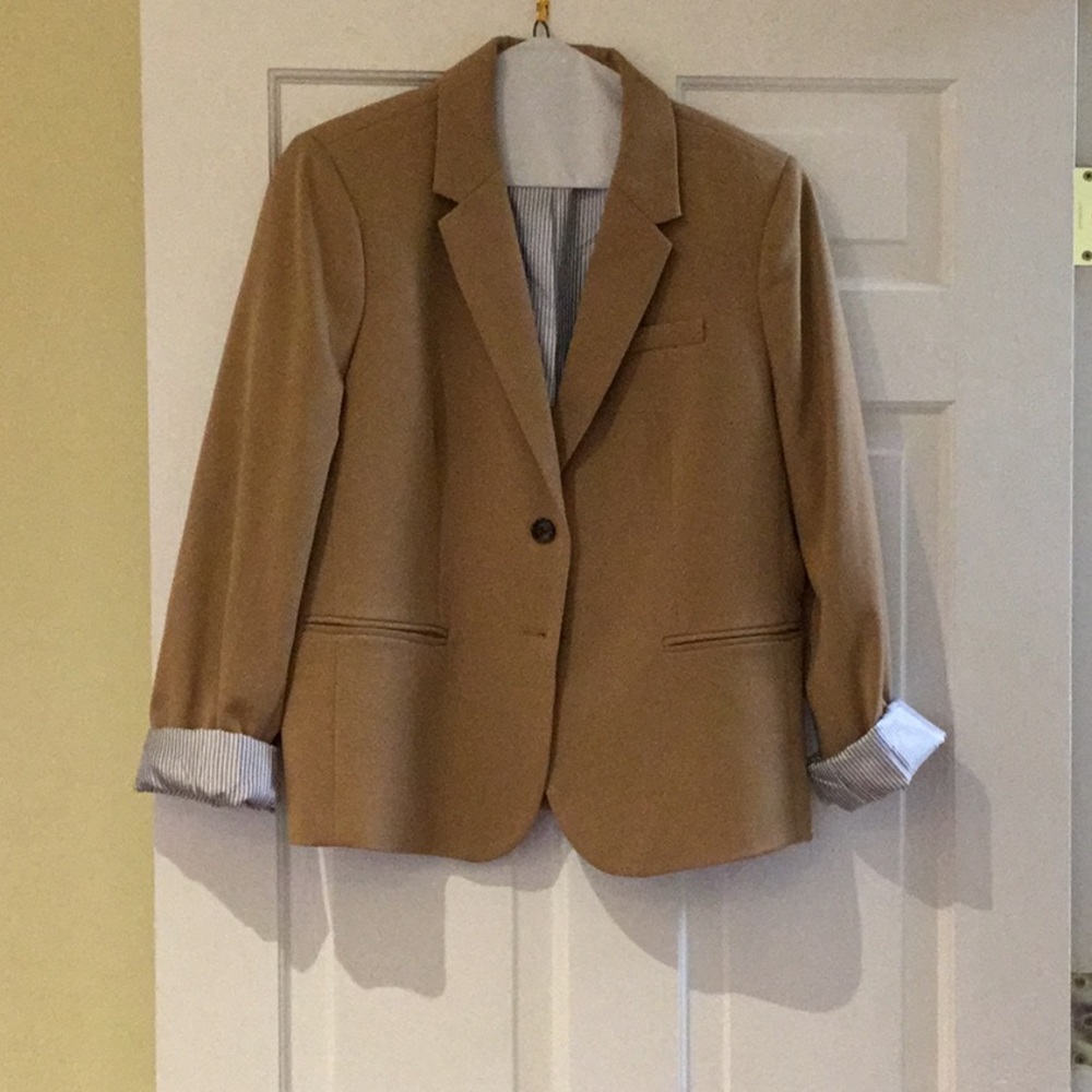 J Crew Womens khaki blazer with blue & white pinstripe lining.